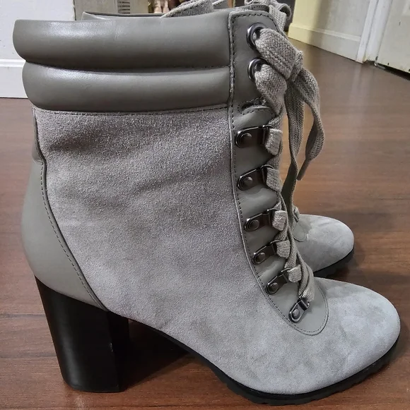White House Black Market Gray Suede Lace-Up Ankle Boots - Picture 2 of 5